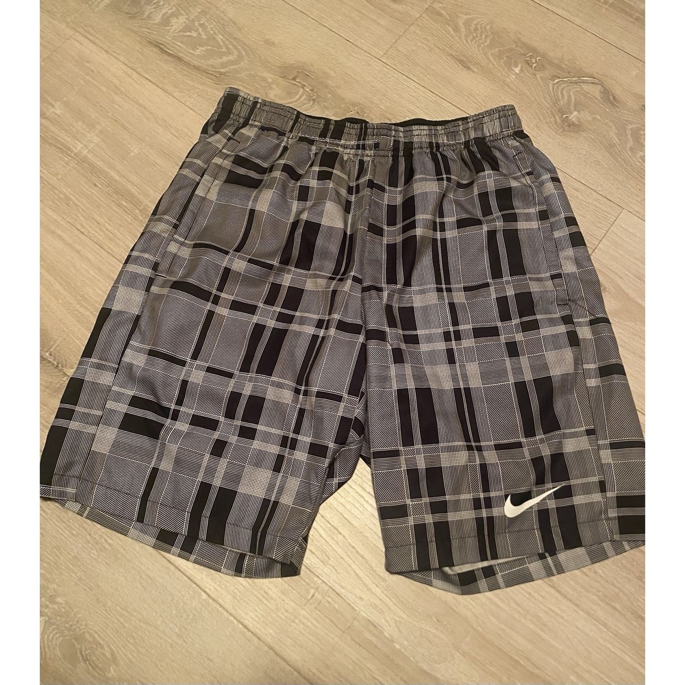 Nike Dri-FIT Plaid Athletic Training Shorts Men's Small Black Gray